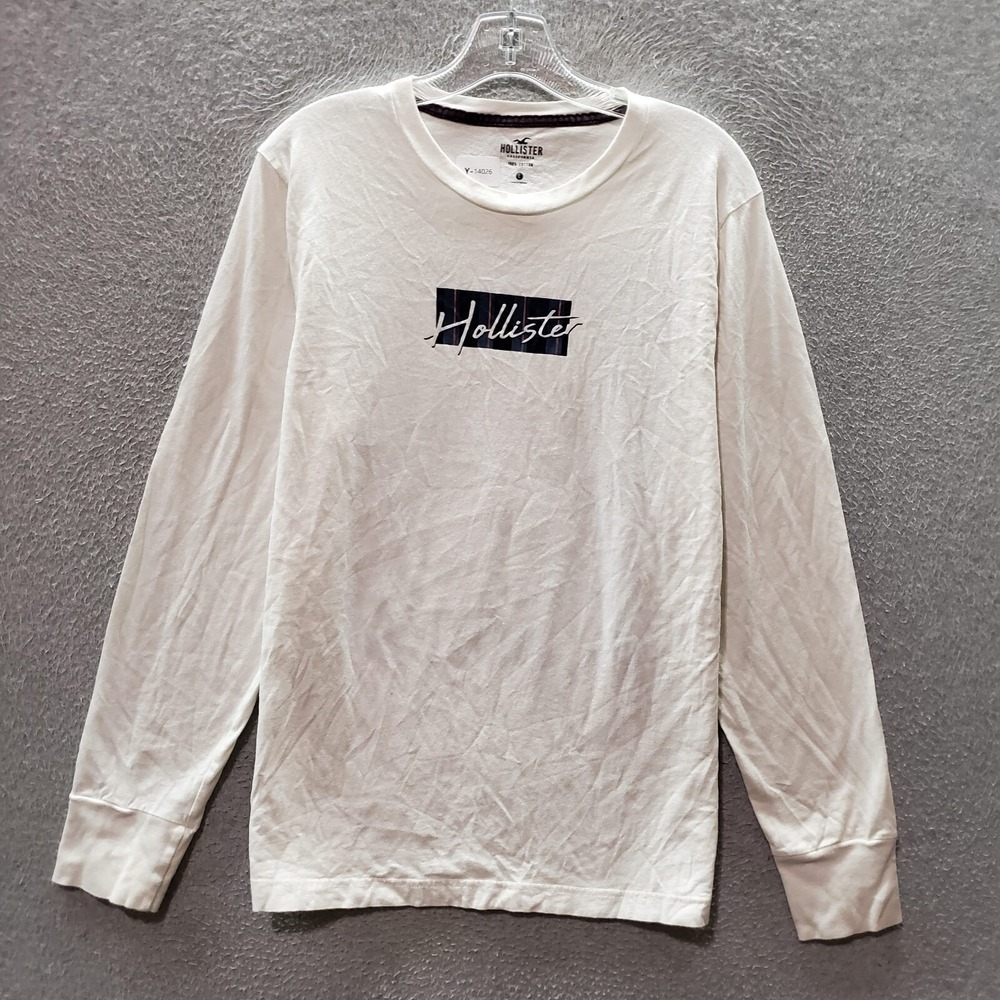 Hollister Men T-Shirt Large White Logo Spellout Long Sleeve Crew Neck READ